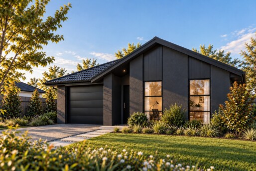 Lot 149 Belfast Subdivision   Render Modern Charcoal Gabled Home at Golden Hour
